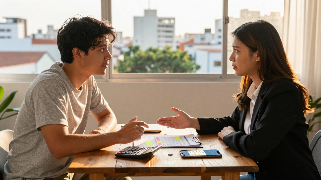 Dois jovens sentados numa mesa a discutir documentos e a usar uma calculadora num ambiente com janela.