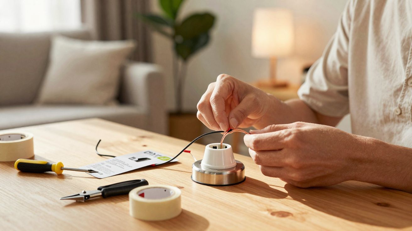 Pessoa a reparar cabos elétricos de uma lâmpada numa mesa com ferramentas e fita adesiva.