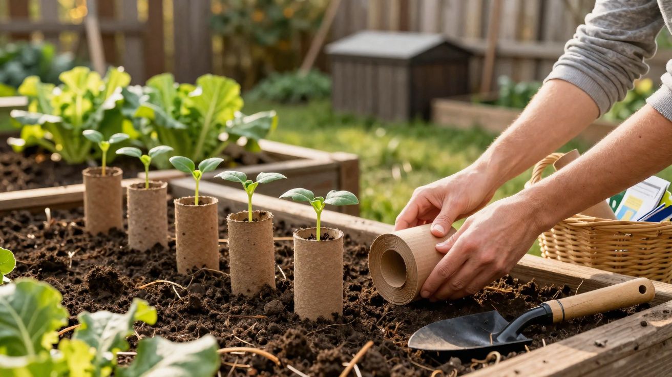 Mãos a plantar rebentos em troncos de cartão num canteiro de jardim com pá de jardinagem à vista.