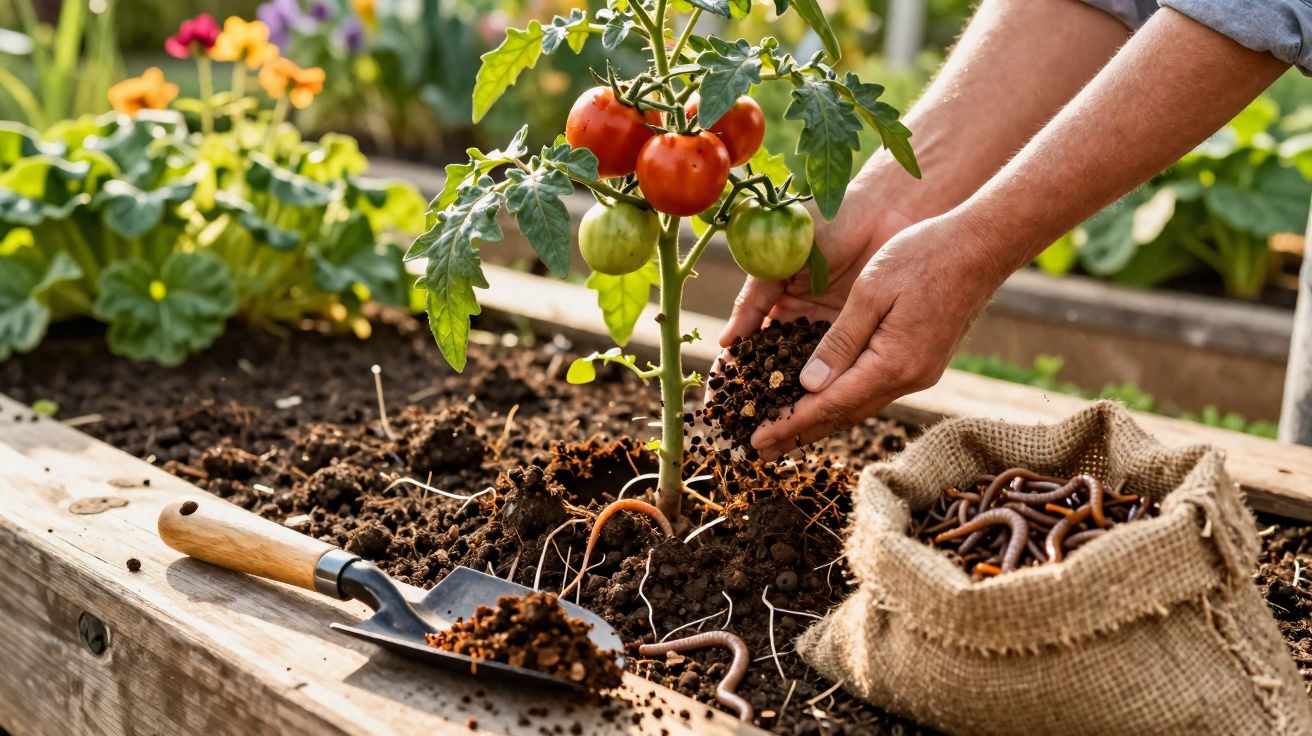 Pessoa a colocar composto orgânico numa planta de tomate num canteiro de jardim com minhocas num saco de juta ao lado.