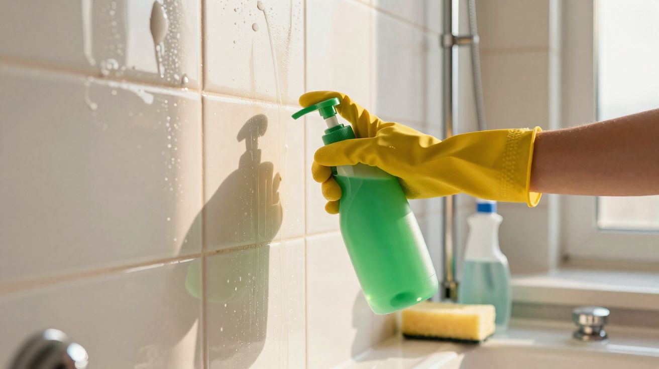 Mão com luva amarela a limpar azulejos de casa de banho com frasco de spray verde.