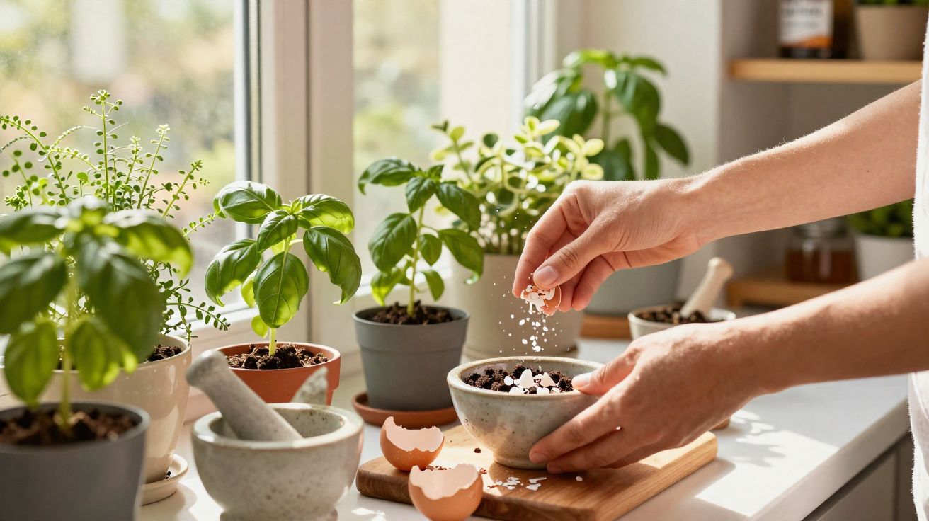 Mãos a preparar fertilizante natural com cascas de ovo para plantas aromáticas em vasos junto à janela.