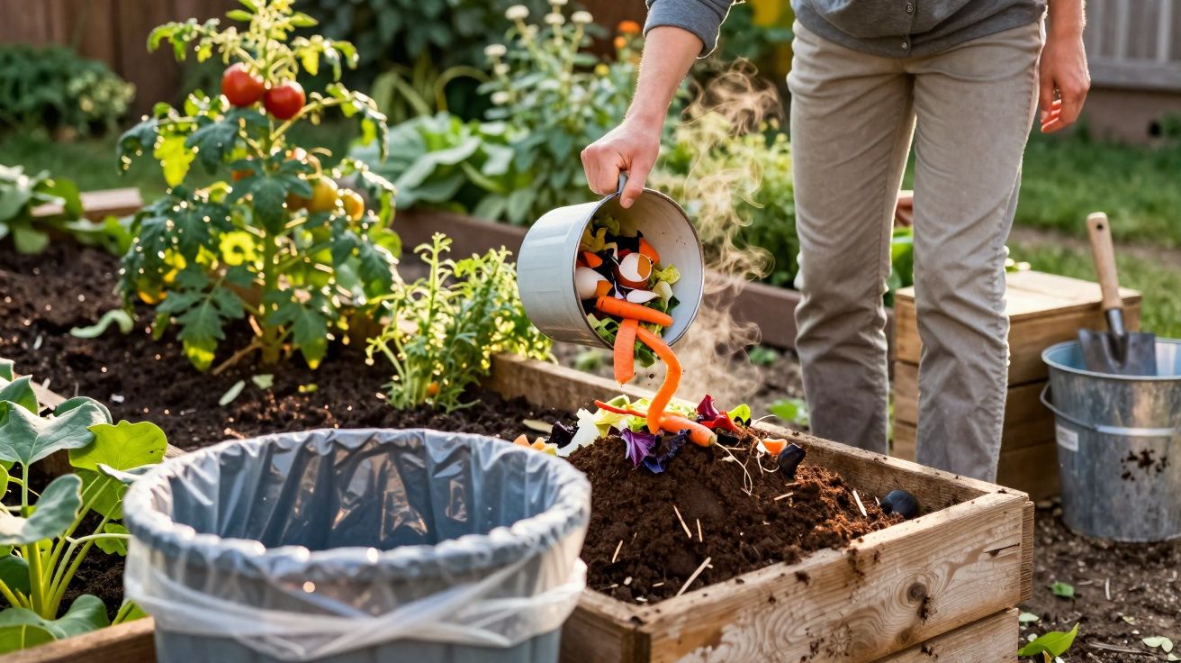 Pessoa a deitar restos de legumes numa compostagem no jardim com plantas à volta.