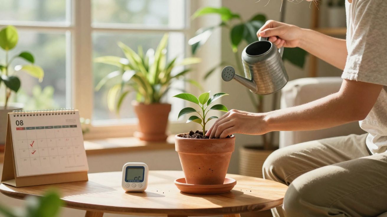 Pessoa a regar planta em vaso numa mesa com calendário e temporizador, numa sala iluminada.