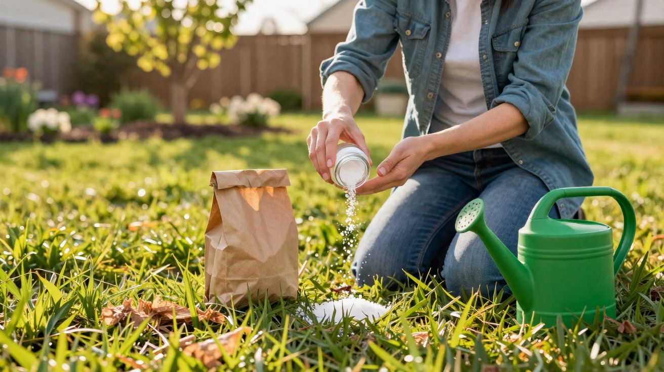 Pessoa a espalhar sal no jardim, com regador verde e saco de papel castanho ao lado.
