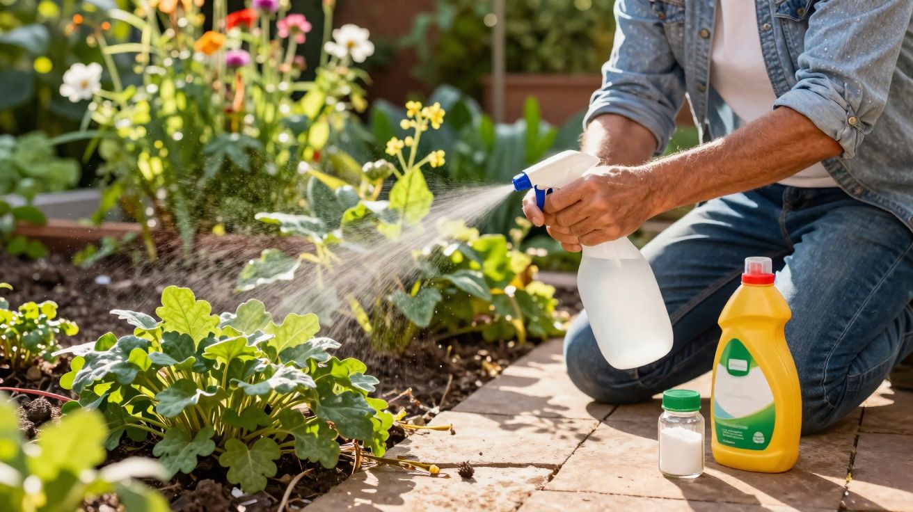 Pessoa a aplicar spray em plantas num jardim com um pulverizador manual, ao lado de produtos de jardinagem.