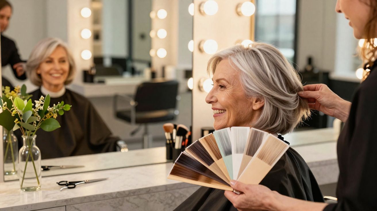 Mulher sénior sorridente no cabeleireiro, mostrando amostras de cores de cabelo junto ao espelho.