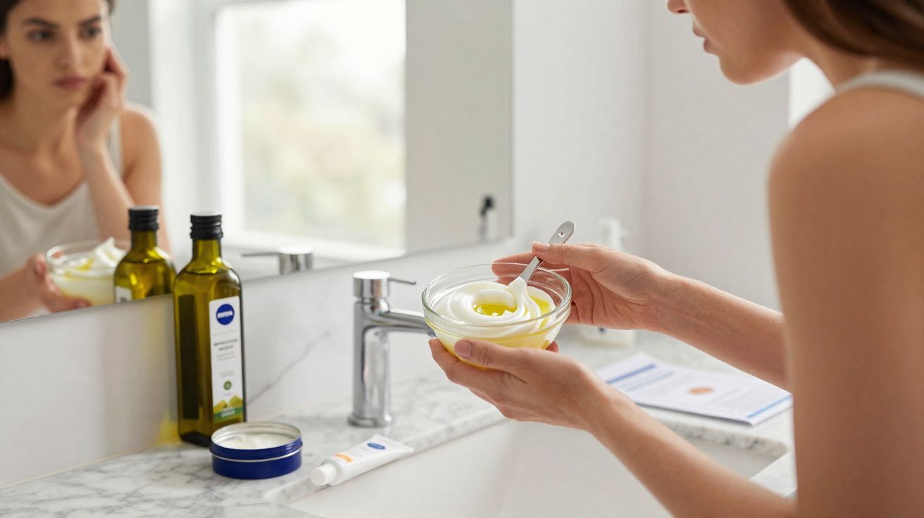 Mulher a aplicar creme facial num recipiente transparente numa casa de banho moderna.