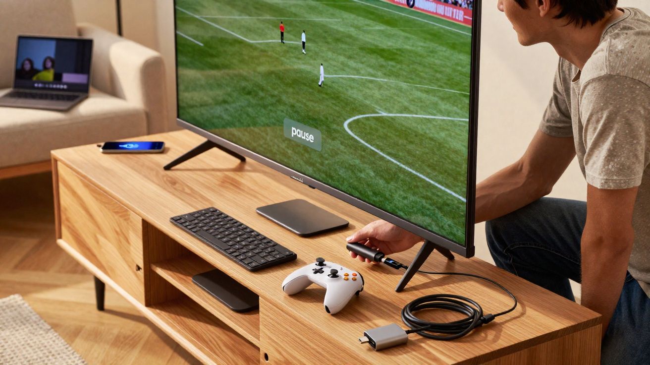 Homem ajusta televisão mostrando jogo de futebol, com comando e teclado numa mesa de madeira à frente.