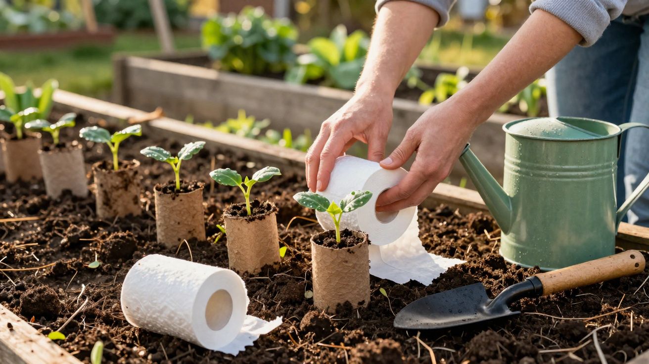 Mãos a cuidar de pequenas plantas em vasos biodegradáveis no jardim, com regador e enxada ao lado.