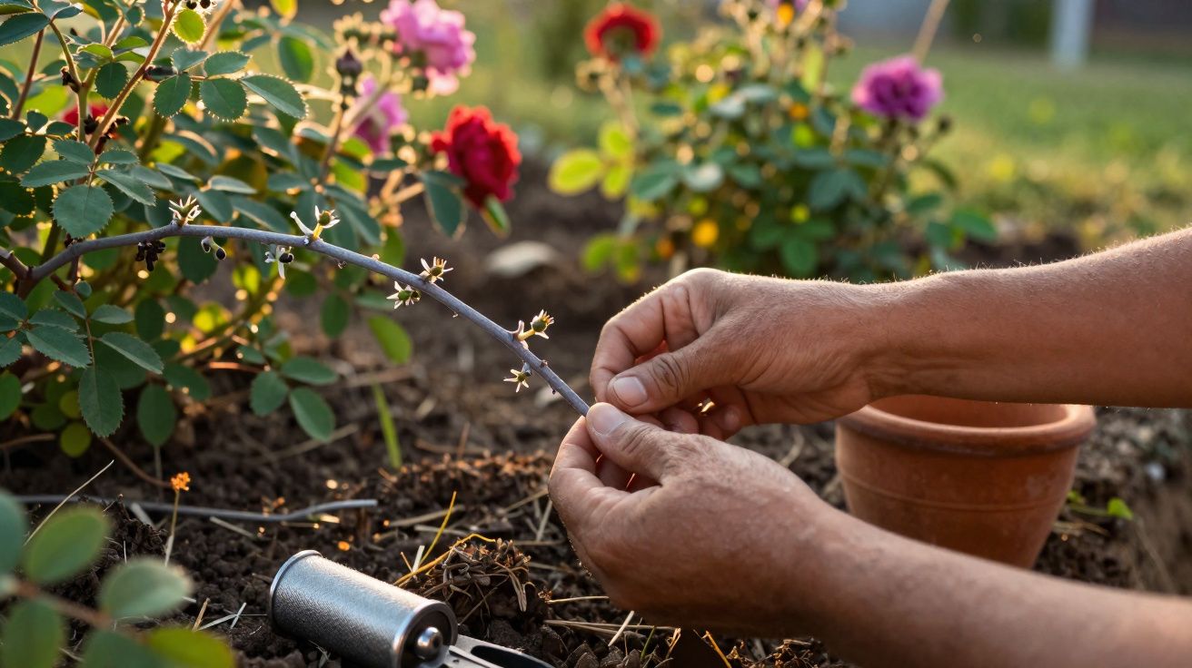 Mãos a cuidar de um ramo de roseira em jardim com flores vermelhas e lilases e vaso de barro.
