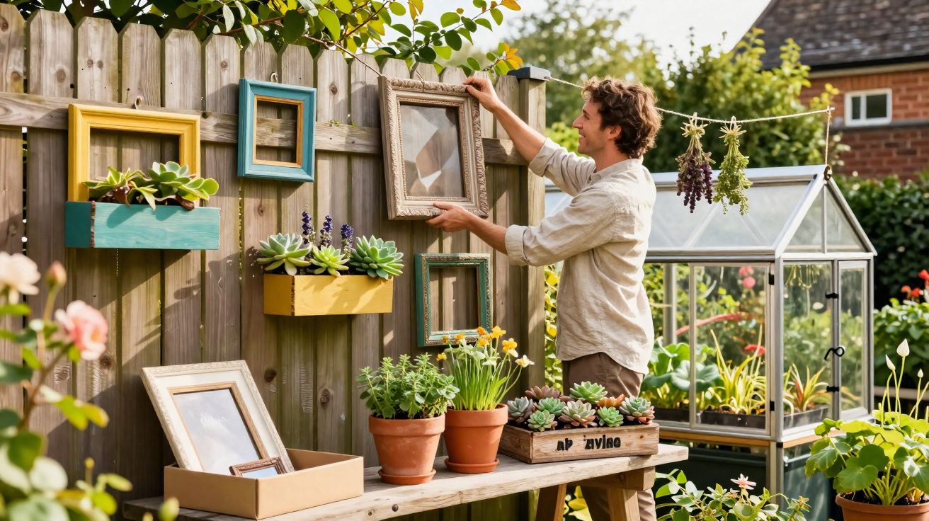 Homem a decorar vedação de madeira com quadros e plantas em jardim com estufa ao fundo.