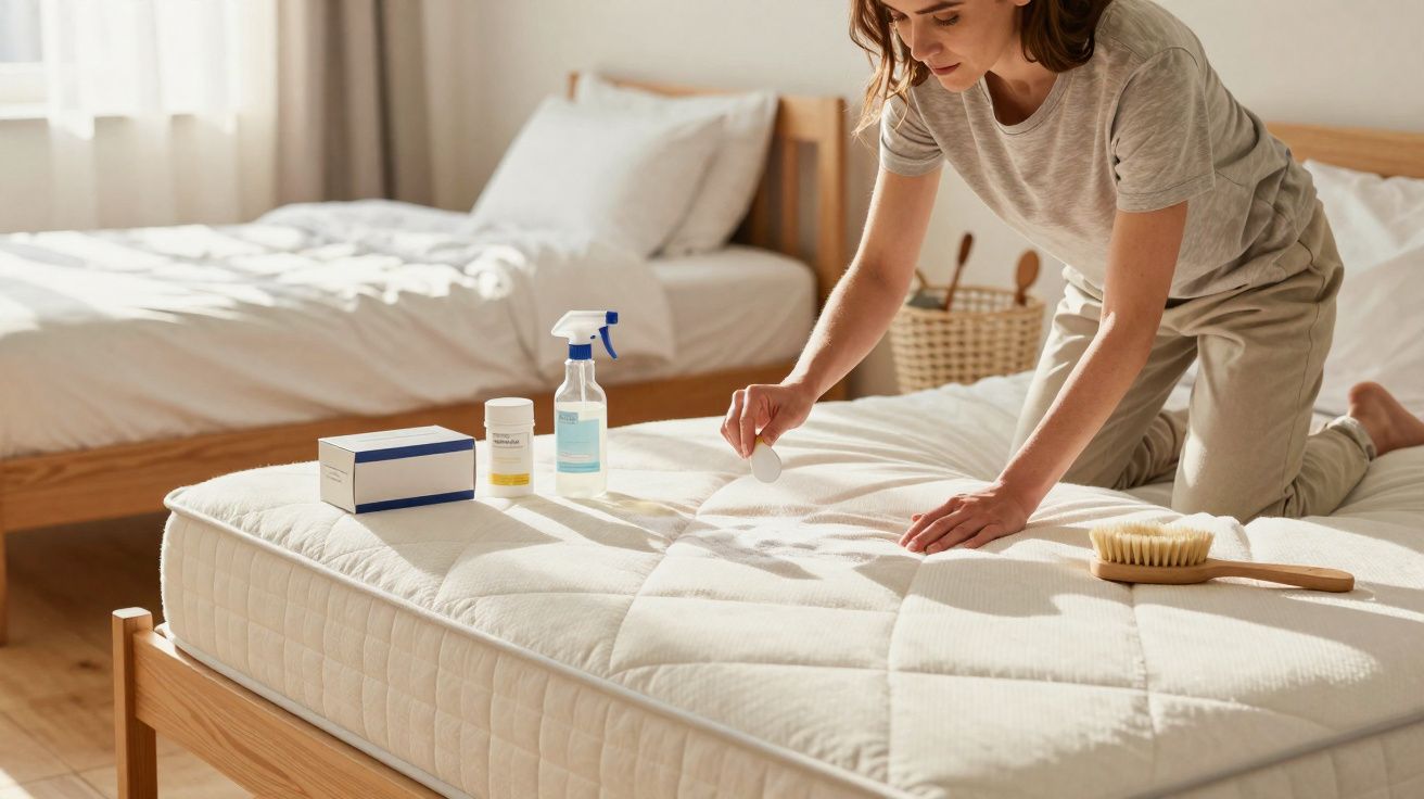 Mulher a limpar mancha no colchão com produtos de limpeza num quarto iluminado.