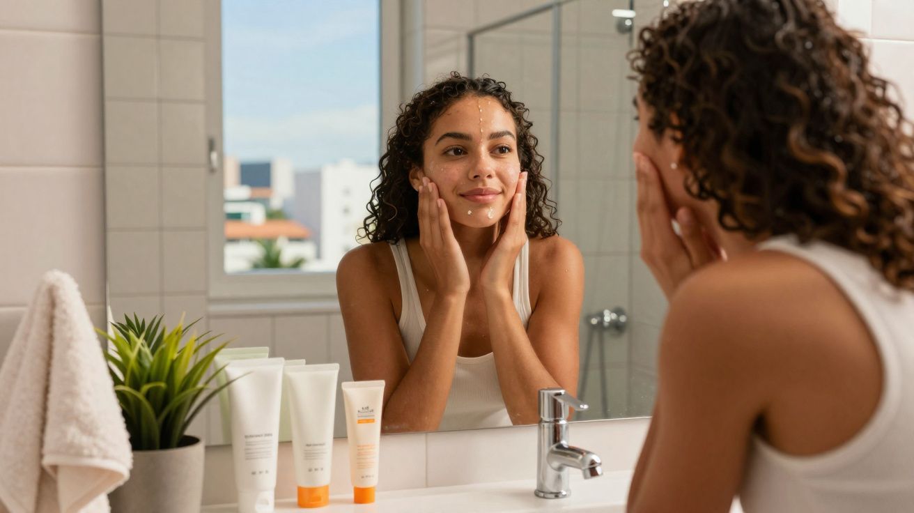 Mulher a aplicar creme facial com pontos no rosto em frente ao espelho da casa de banho.