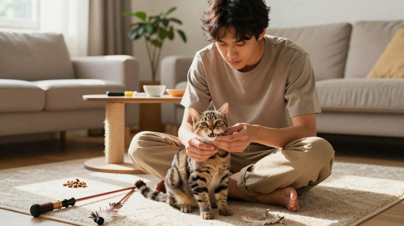 Jovem sentado no chão acariciando gato às riscas num tapete numa sala iluminada e acolhedora.