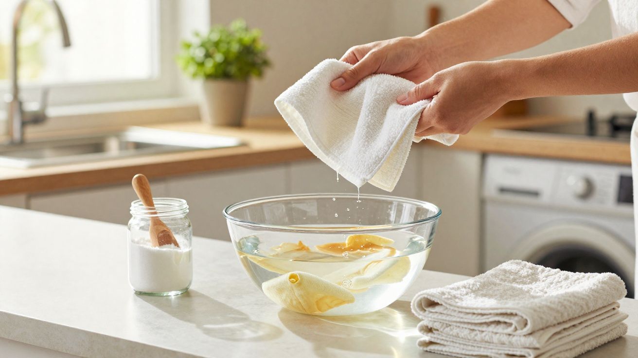 Mãos a lavar roupa amarela num recipiente com água, sal em frasco e toalhas brancas sobre balcão.