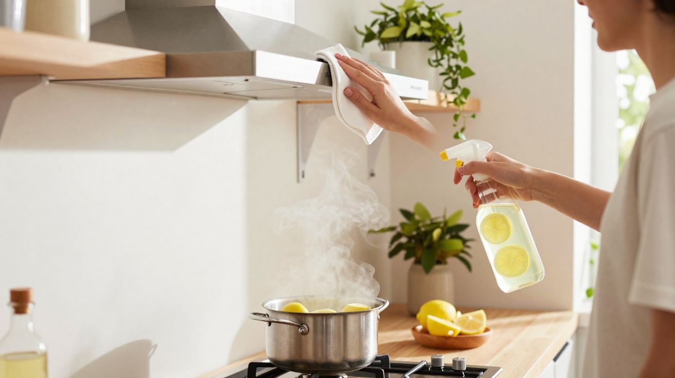 Pessoa a limpar exaustor da cozinha enquanto cozinha e vapor sai de panela com limão.
