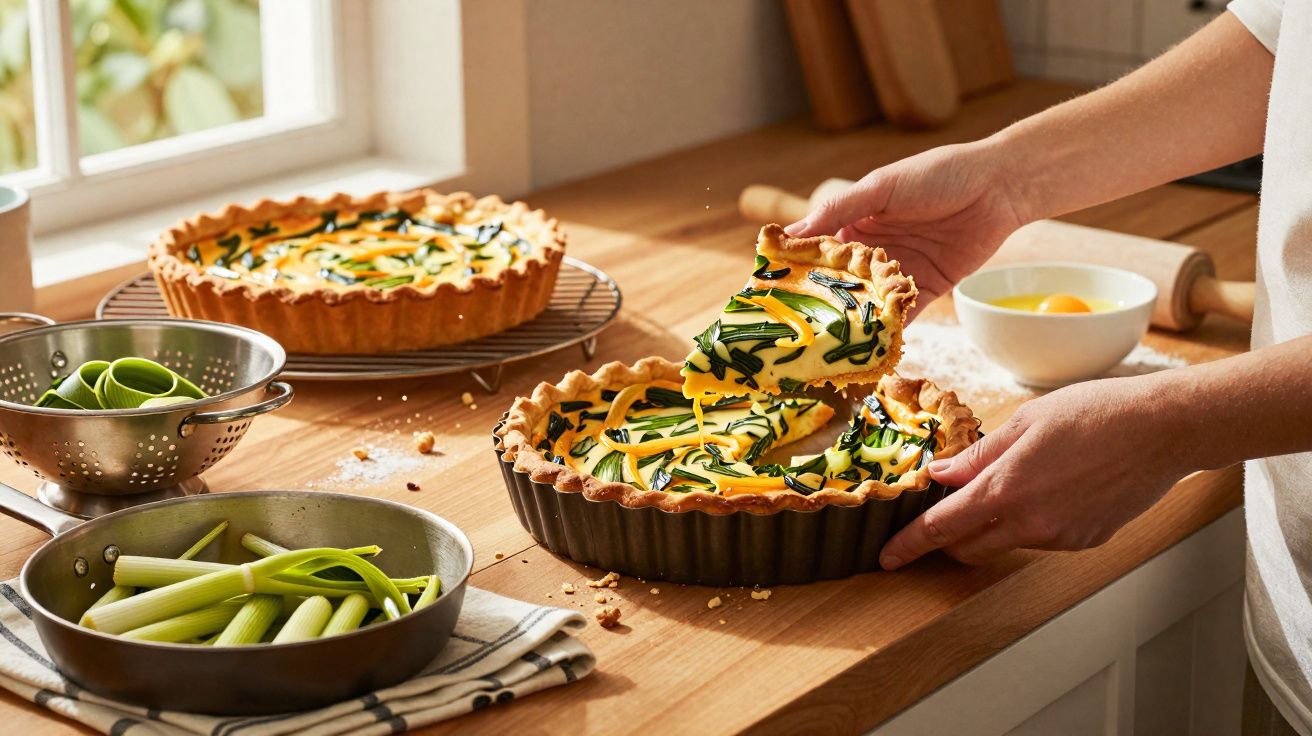 Pessoa a servir uma tarte salgada com legumes frescos num balcão de cozinha iluminado.