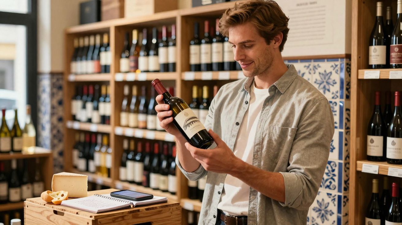 Homem a observar uma garrafa de vinho numa loja com prateleiras cheias de vinhos ao fundo.