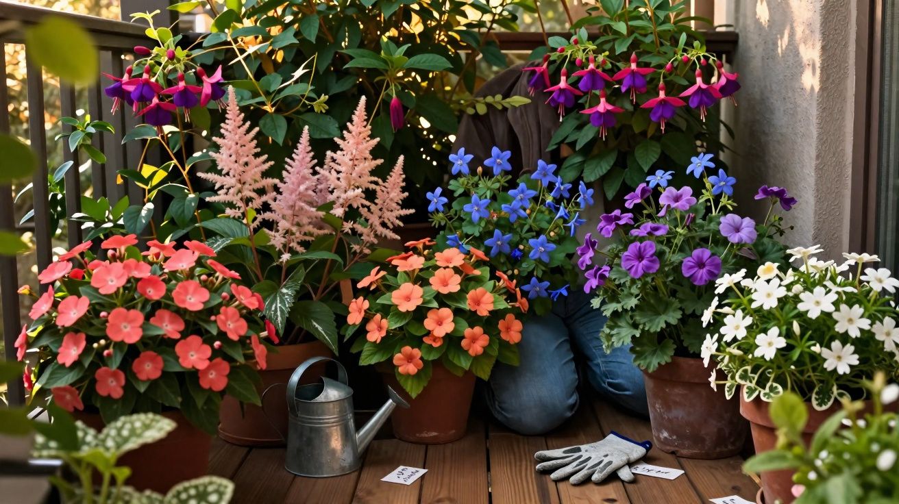 Várias flores coloridas em vasos num chão de madeira, com uma regadeira e luvas de jardinagem.