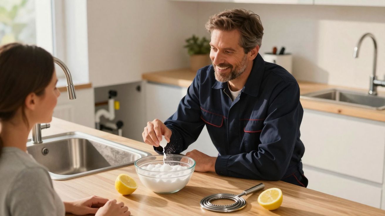 Homem a polvilhar limão sobre uma tigela comita ao lado de mulher numa cozinha moderna.