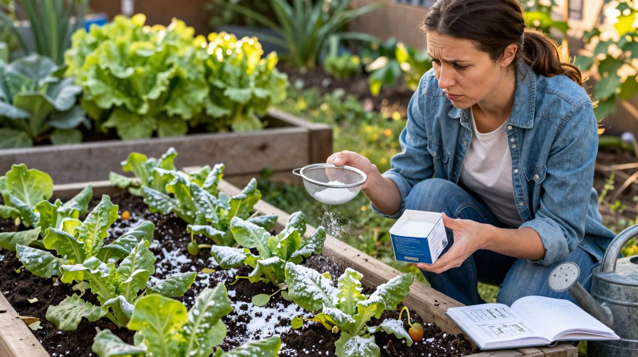 Mulher a aplicar fertilizante nas plantas de uma horta elevada com libro de instruções ao lado.