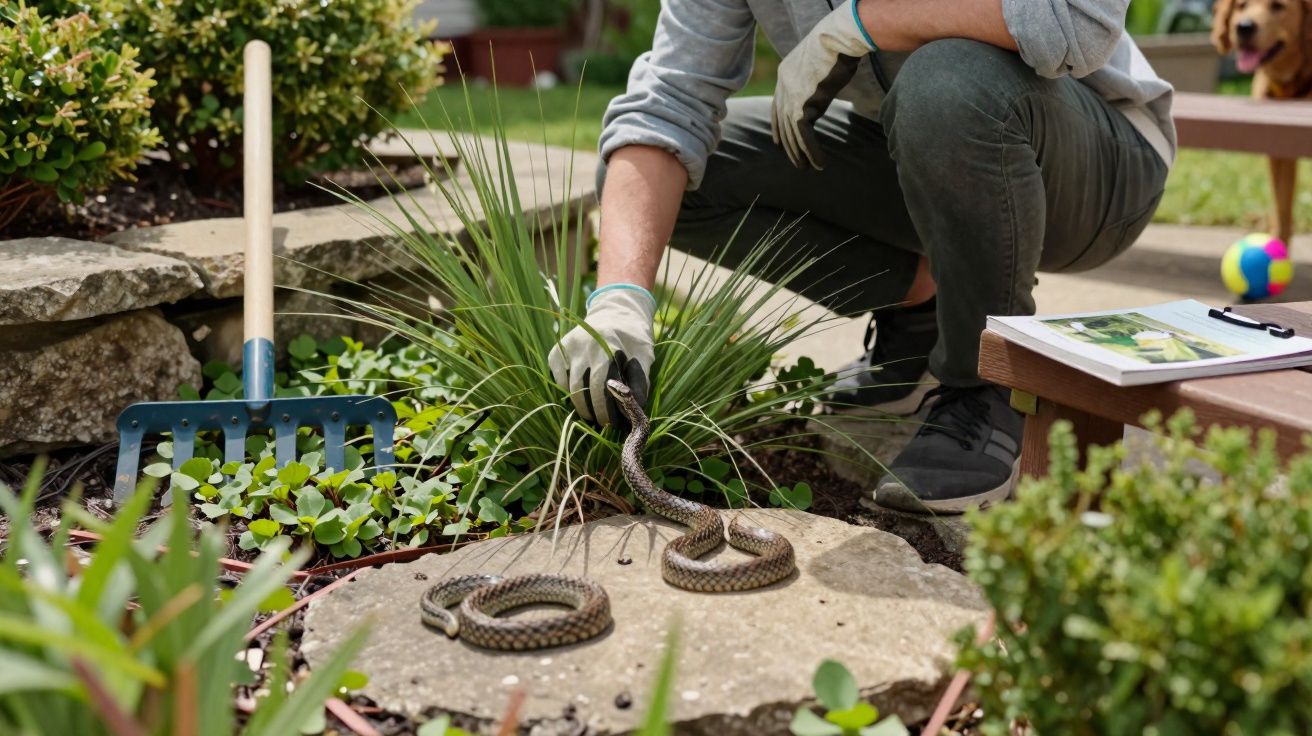 Pessoa apanhando uma cobra num jardim com luvas, ao lado de uma rastelo e plantas verdes.