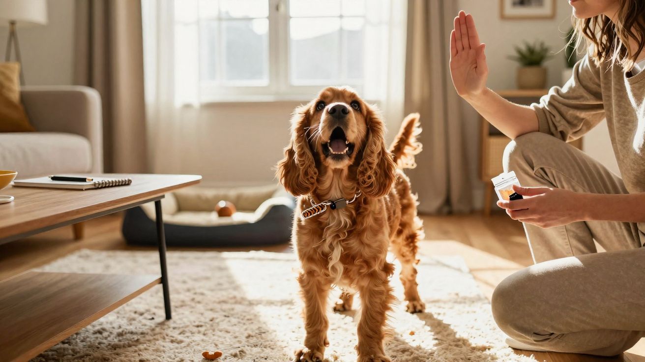 Cão castanho a ladrar enquanto mulher ensina comando de mão em sala iluminada.