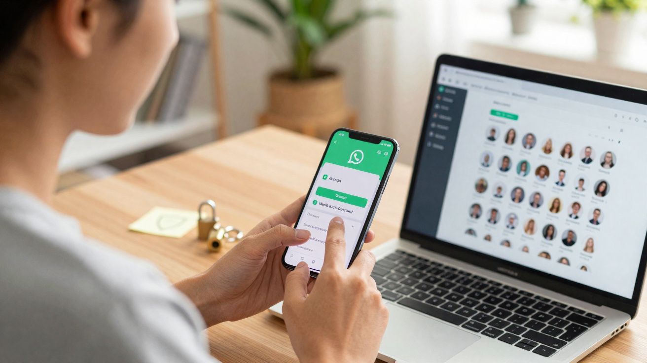 Pessoa a configurar a autenticação em duas etapas no WhatsApp num smartphone, com portátil aberto ao fundo.