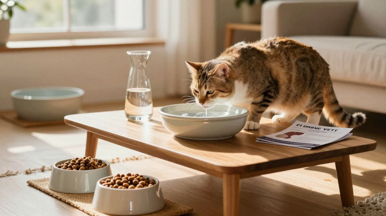 Gato castanho e branco a beber água de uma tigela numa mesa baixa de madeira com comedouros e folheto.