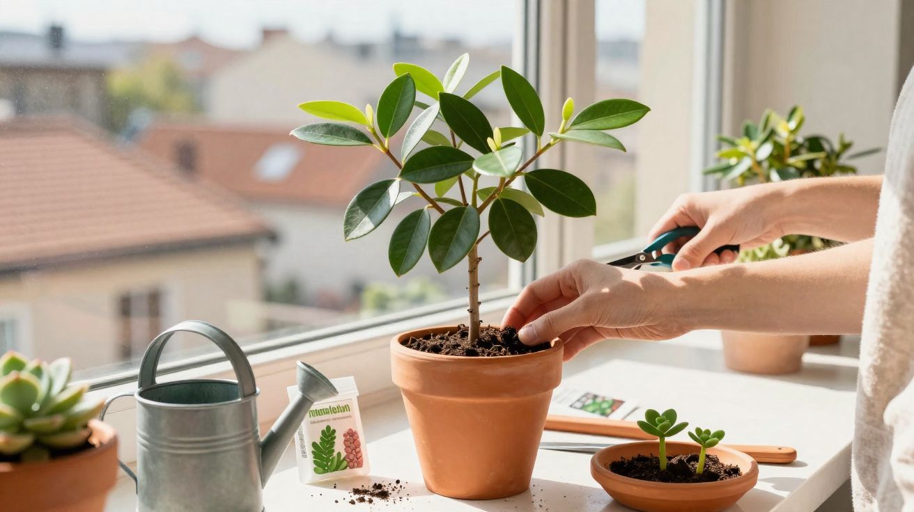 Pessoa a cortar e cuidar de planta em vaso de barro num parapeito de janela com regador e outras plantas.