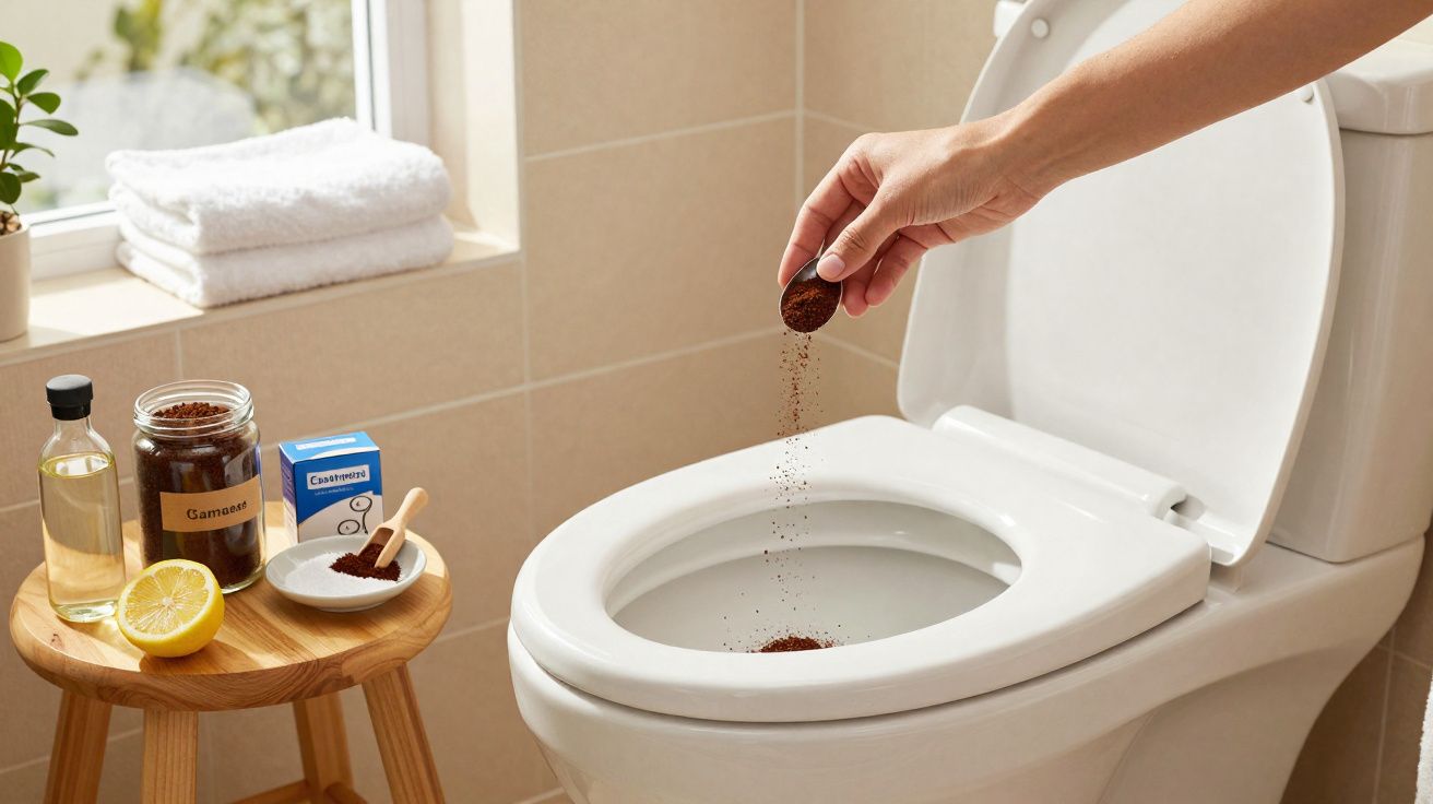 Pessoa a deitar café usado no vaso sanitário para limpeza, com ingredientes naturais numa mesa ao lado.