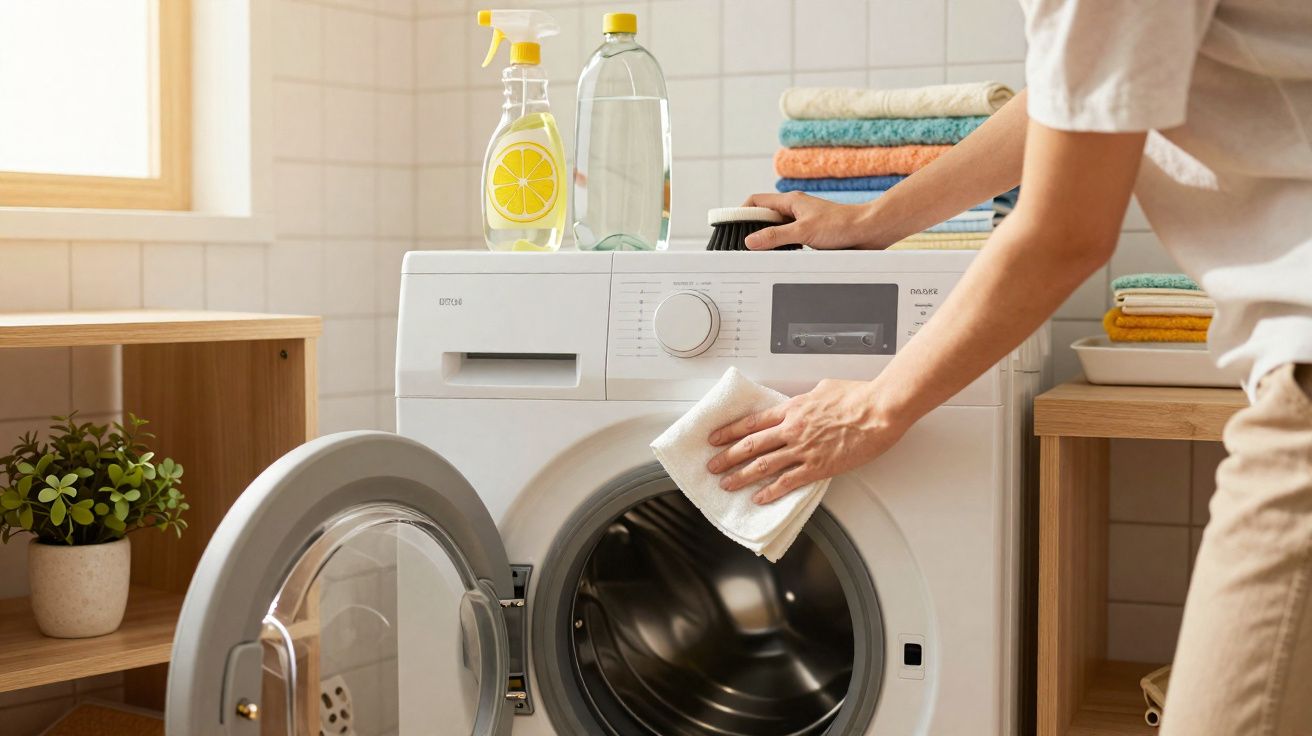 Pessoa a limpar máquina de lavar roupa branca numa lavandaria doméstica com produtos de limpeza e toalhas empilhadas.