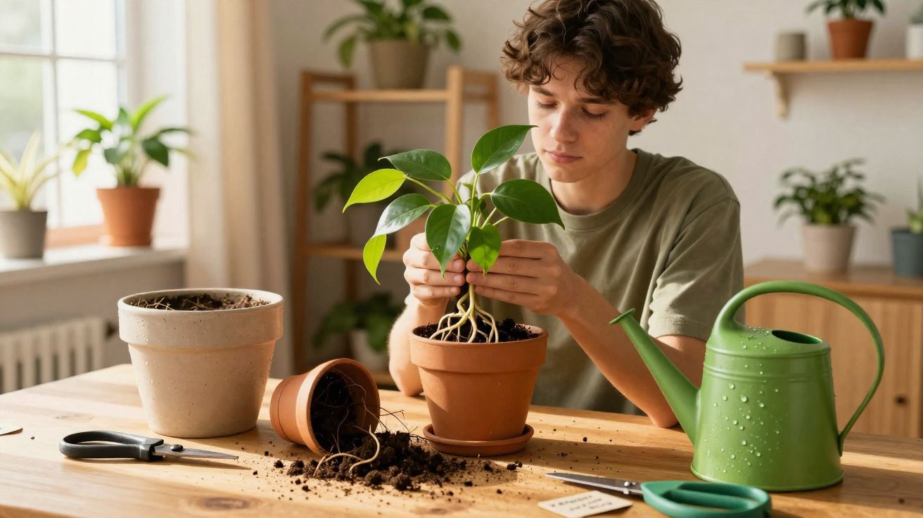 Jovem transplantando planta para vaso de barro, com regador verde e terra espalhada na mesa de madeira.