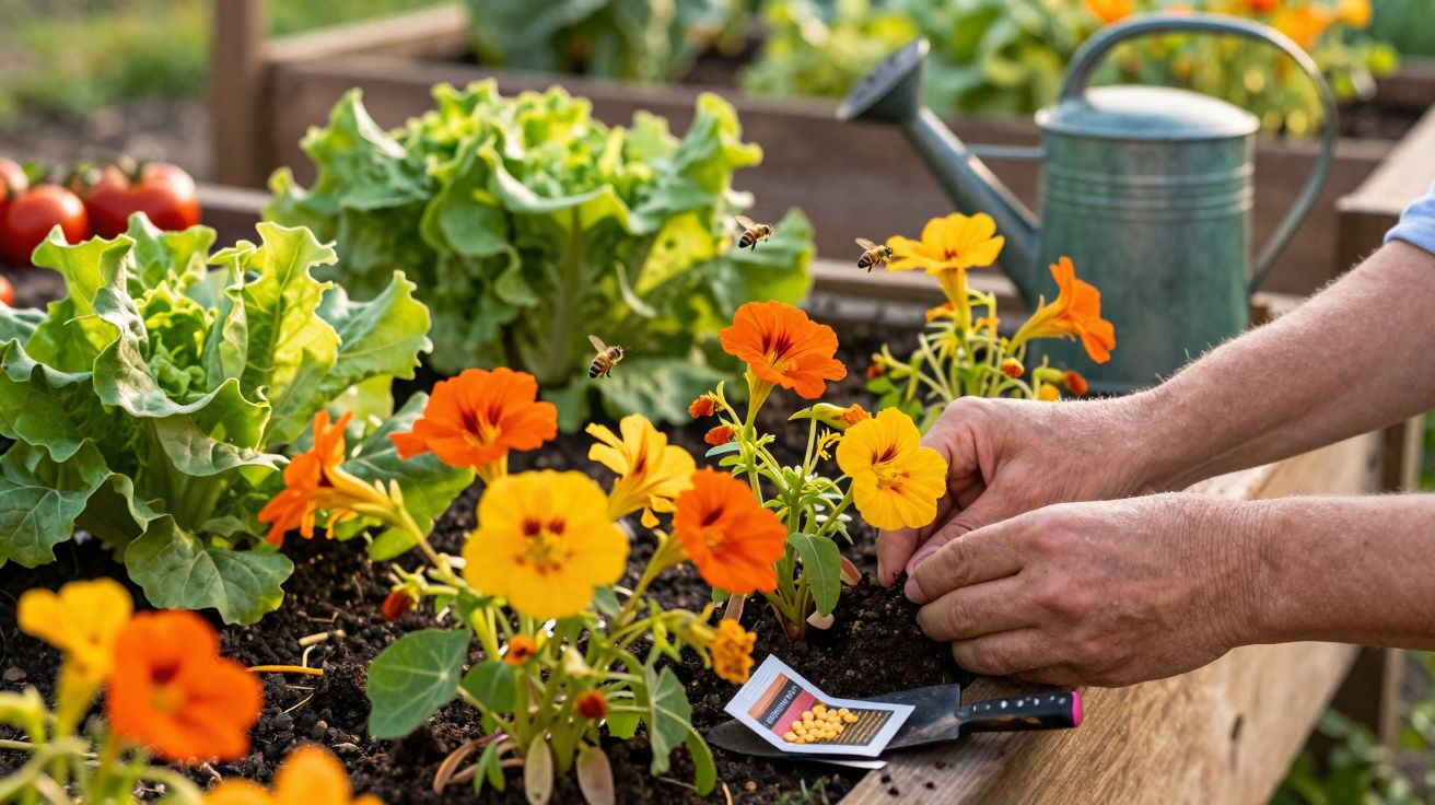 Mãos a plantar flores laranja e amarelas numa horta elevada, com alfaces e regador ao fundo.