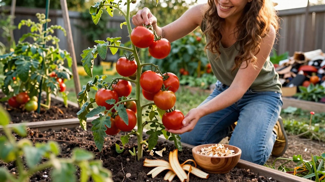 Mulher a colher tomates maduros em pé de tomate num jardim caseiro ao final da tarde.