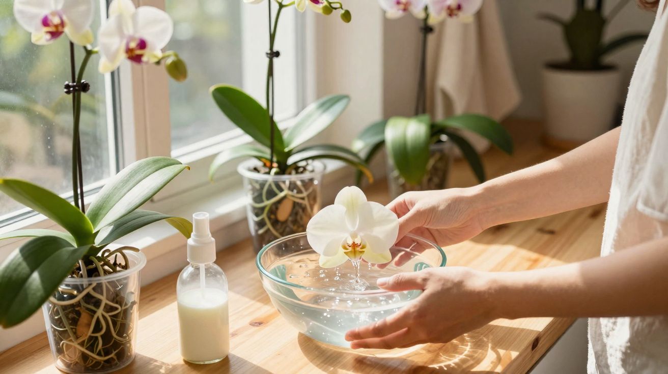 Pessoa a limpar flor branca de orquídea num espaço interior iluminado, com várias orquídeas junto à janela.