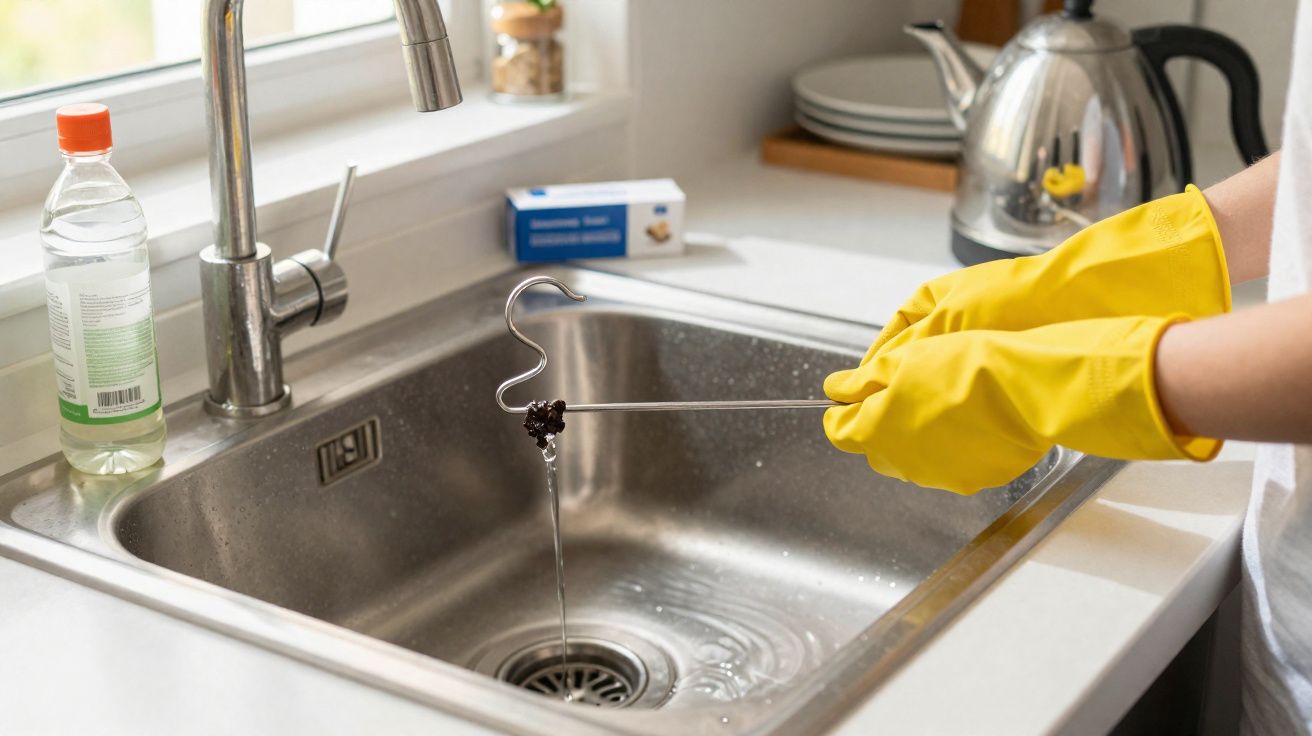 Pessoa com luvas amarelas a limpar um cano de esgoto de cozinha com água a correr na pia metálica.
