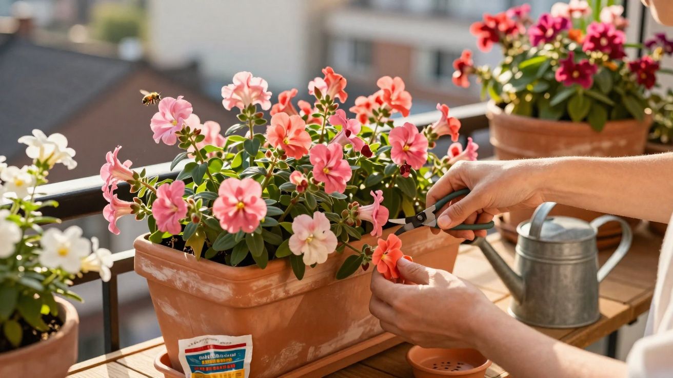 Pessoa a podar flores cor-de-rosa num vaso de barro num terraço ensolarado com regador ao lado.