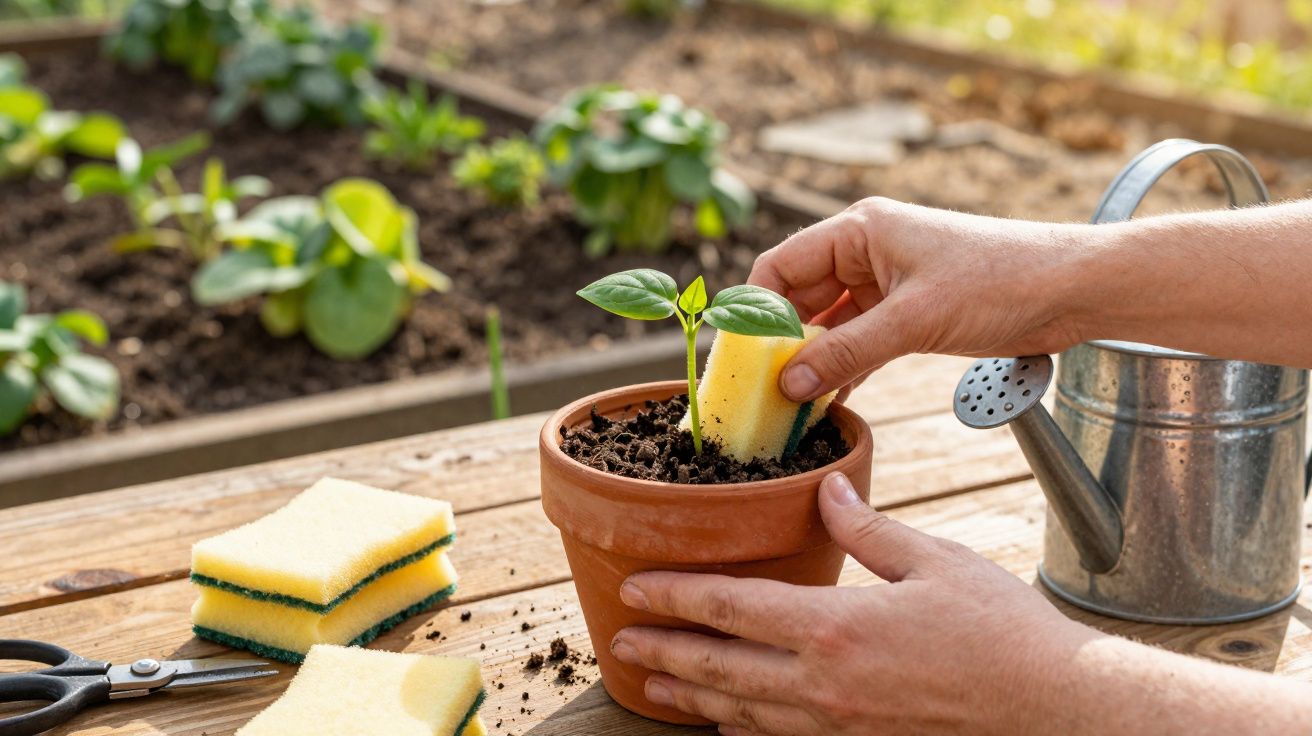 Mãos a cuidar de uma planta num vaso de barro, usando uma esponja para limpar a terra.