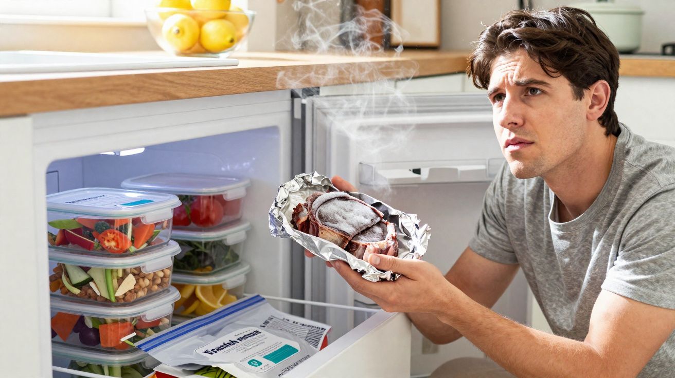 Homem preocupado a retirar peixe congelado de frigorífico na cozinha.