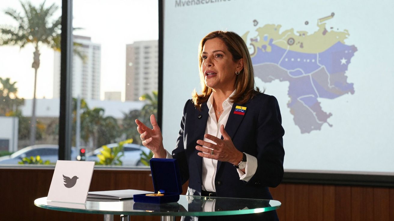 Mulher em apresentação diante de mapa projetado, com medalha numa caixa aberta sobre mesa de vidro.