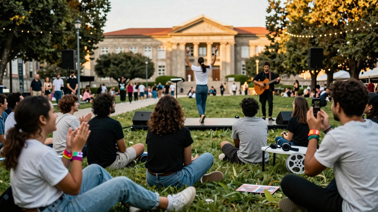 Pessoas sentadas na relva assistem a atuação musical ao ar livre num espaço urbano com edifício histórico ao fundo.