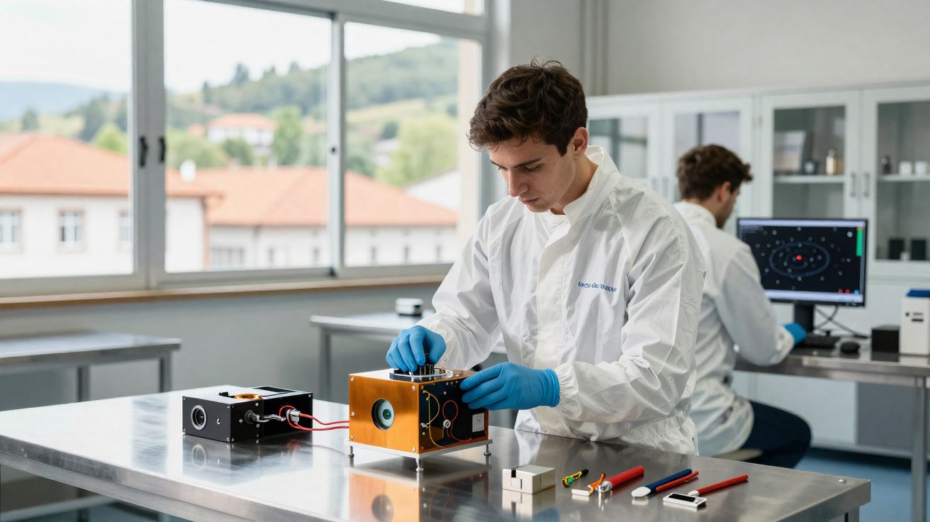 Estudantes em laboratório a trabalhar com equipamentos eletrónicos e computador.