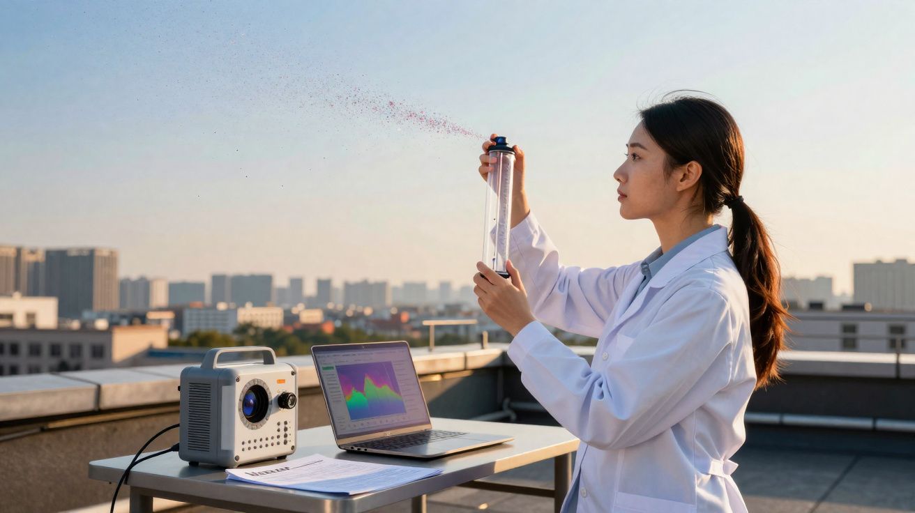 Mulher com bata branca a pulverizar aerosol numa garrafa transparente numa varanda com equipamento e portátil.