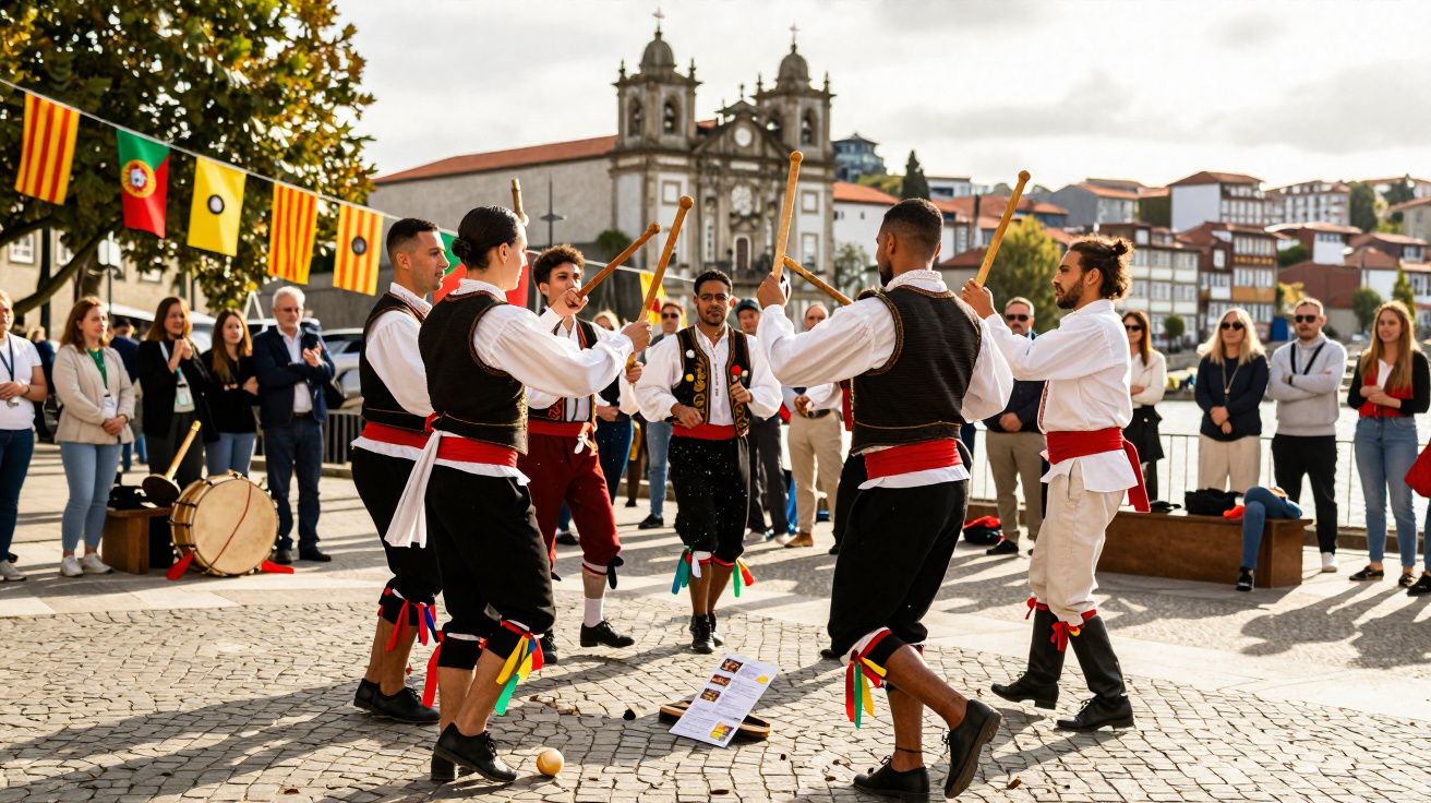 Homens em traje tradicional dançam e tocam paus rodeados por público numa praça histórica com igreja ao fundo.