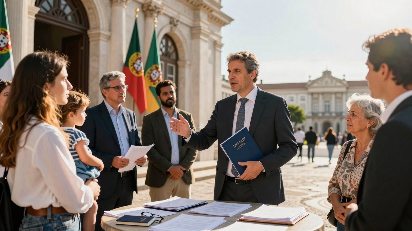 Homem de fato explica documentos a grupo diverso fora de edifício oficial com bandeiras de Portugal.