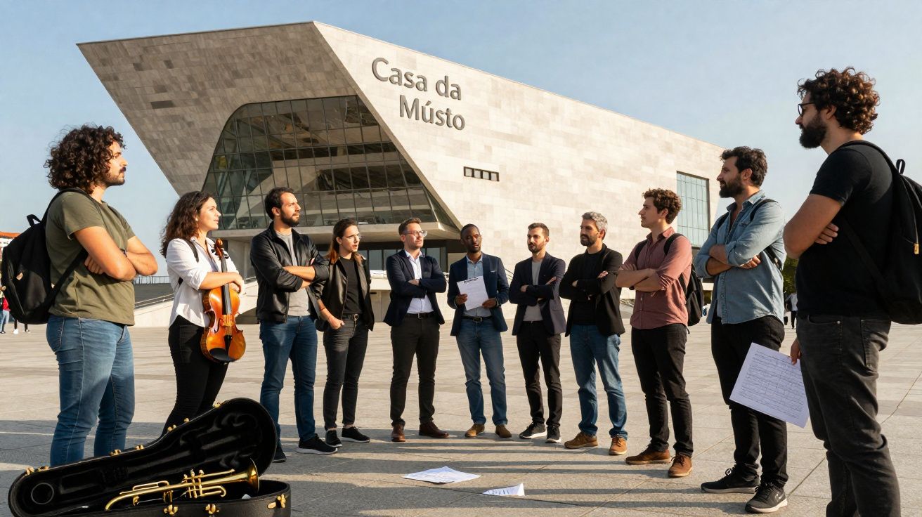 Grupo de pessoas em círculo com instrumentos em frente ao edifício moderno Casa da Música, Porto.