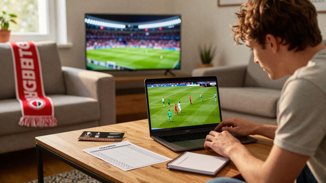 Homem a assistir a jogo de futebol num portátil, com TV a mostrar o mesmo jogo numa sala.