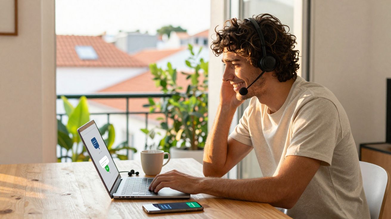 Homem com auricular de comunicação a sorrir enquanto trabalha num computador portátil numa mesa em casa.